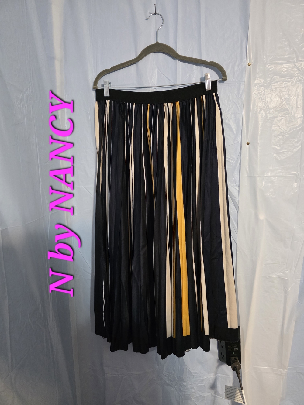 N BY NANCY Black/BLUE Pleated Maxi Skirt with Cream & Mustard Stripes